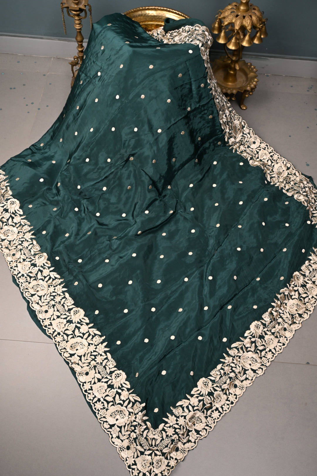 Hunter Green Machine Embroidered in Chinnon Saree with Floral Scallop Border | SHOBITAM
