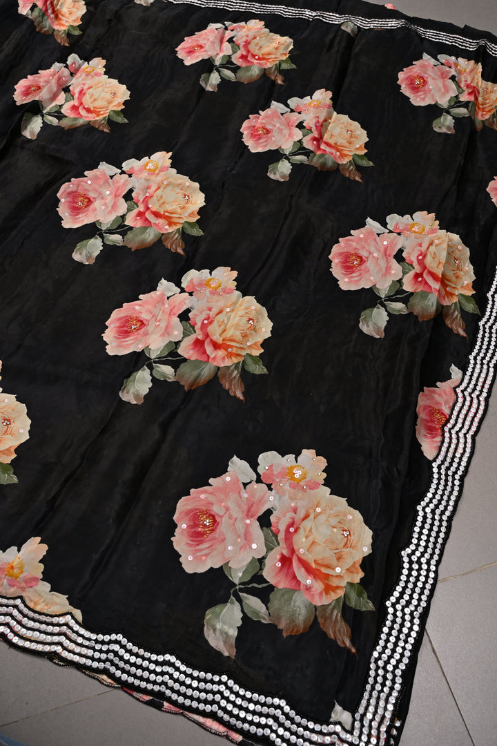 Black Satin Georgette Saree with Floral Digital Print and Black Beads-Sequins Scallop Border | SHOBITAM