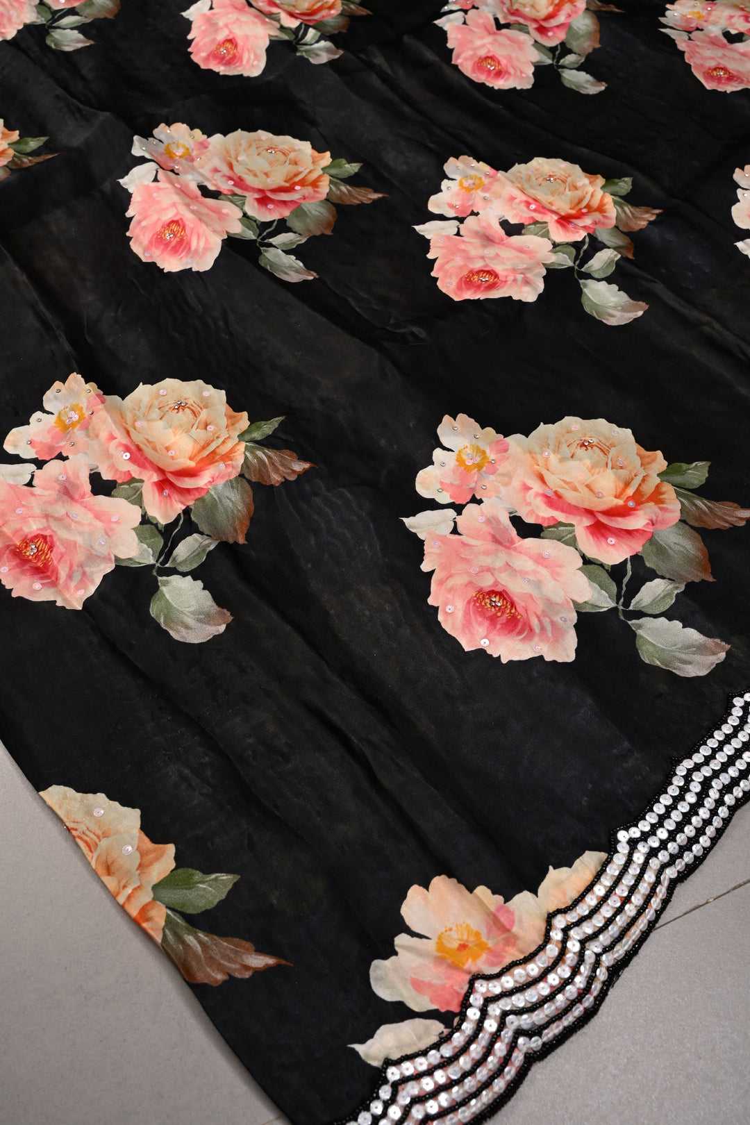 Black Satin Georgette Saree with Floral Digital Print and Black Beads-Sequins Scallop Border | SHOBITAM