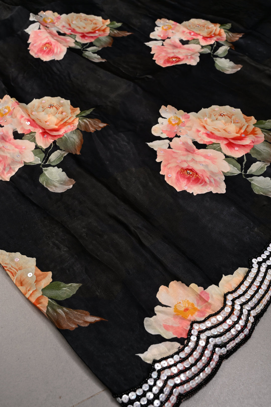 Black Satin Georgette Saree with Floral Digital Print and Black Beads-Sequins Scallop Border | SHOBITAM