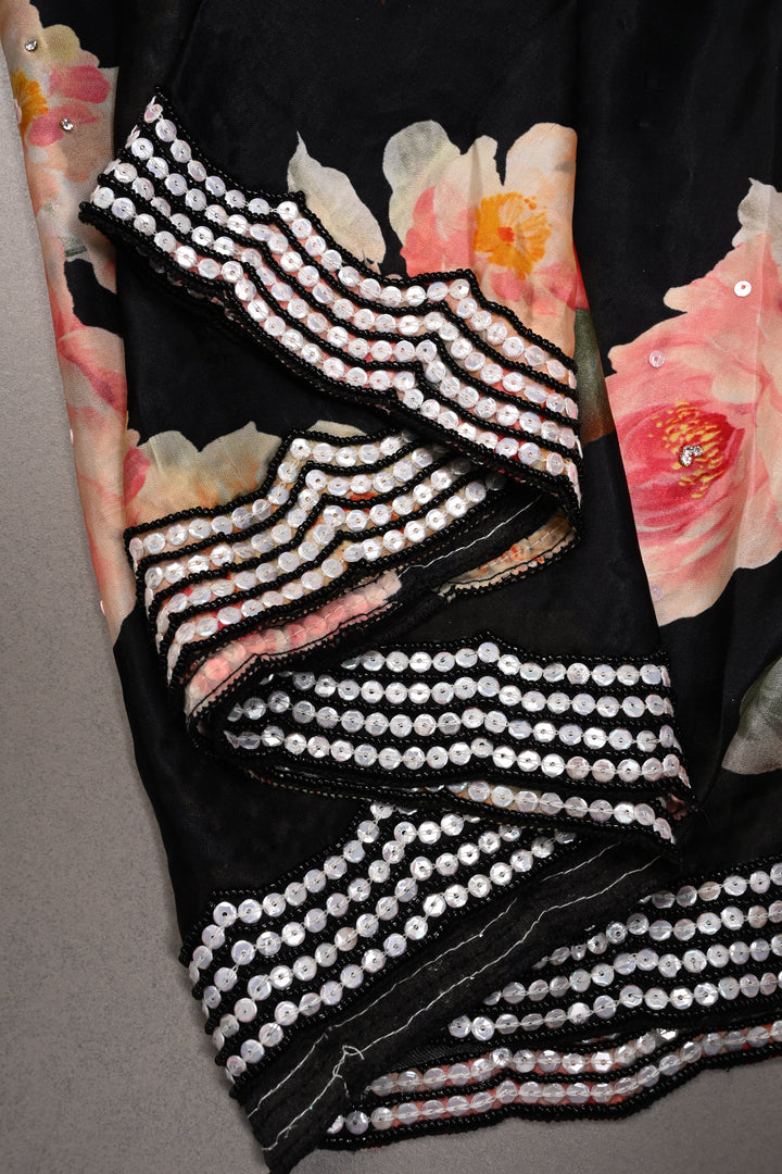 Black Satin Georgette Saree with Floral Digital Print and Black Beads-Sequins Scallop Border | SHOBITAM