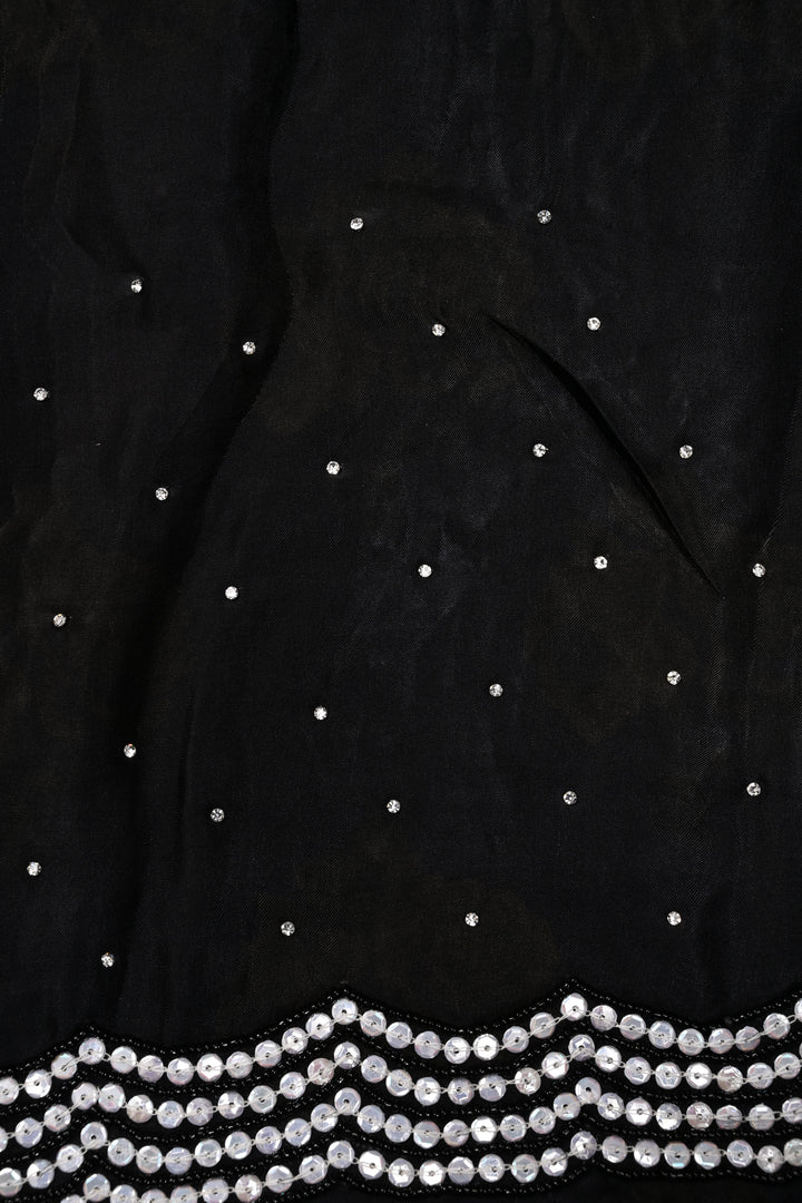 Black Satin Georgette Saree with Floral Digital Print and Black Beads-Sequins Scallop Border | SHOBITAM