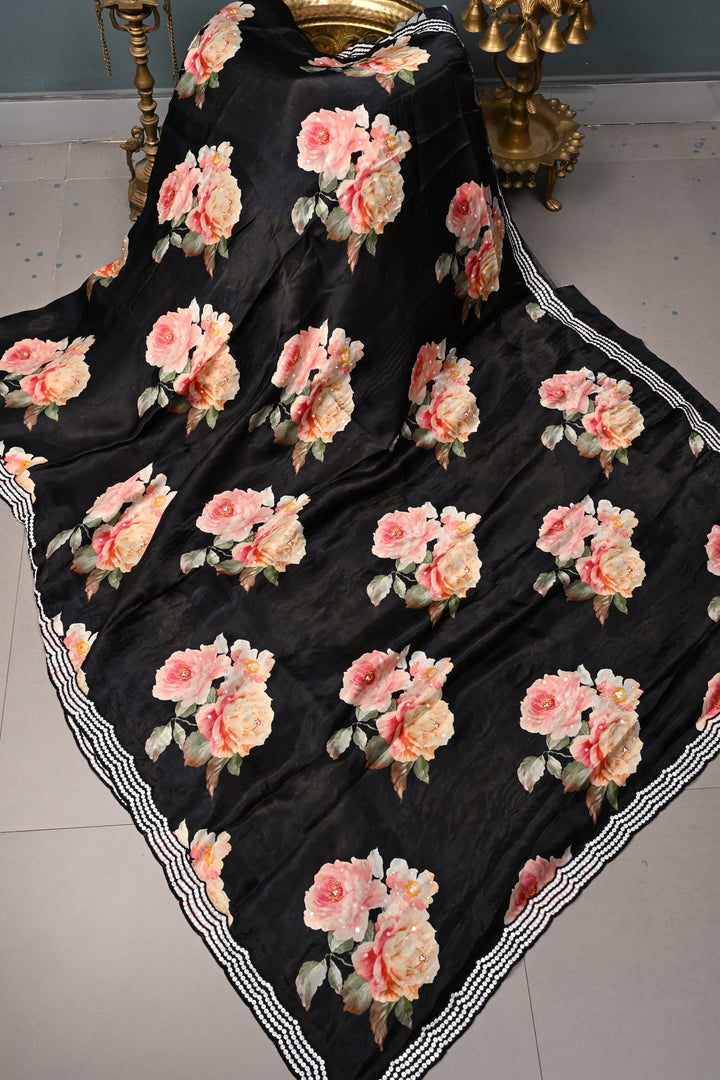 Black Satin Georgette Saree with Floral Digital Print and Black Beads-Sequins Scallop Border | SHOBITAM