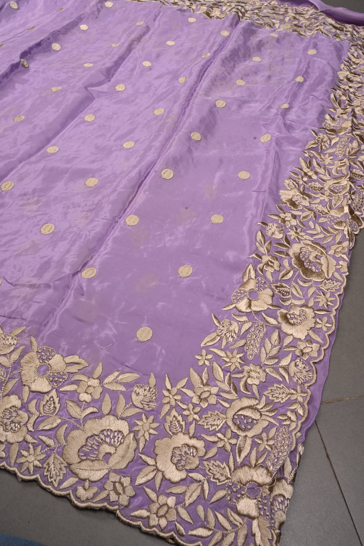 Dusty Lavender Machine Embroidered in Chinnon Saree with Floral Scallop Border | SHOBITAM