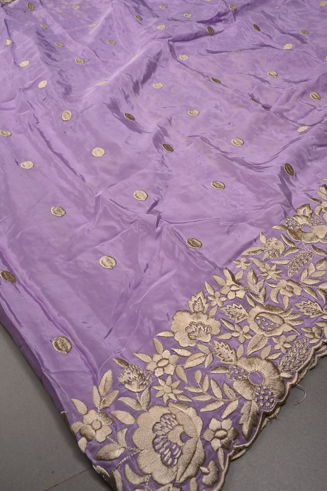 Dusty Lavender Machine Embroidered in Chinnon Saree with Floral Scallop Border | SHOBITAM