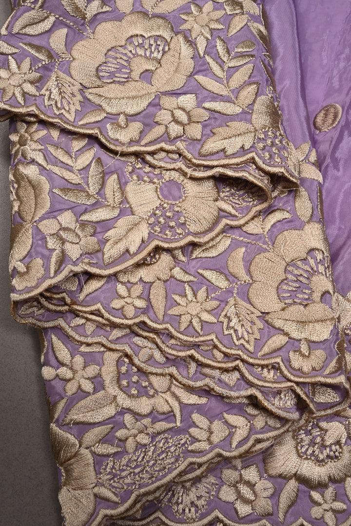 Dusty Lavender Machine Embroidered in Chinnon Saree with Floral Scallop Border | SHOBITAM