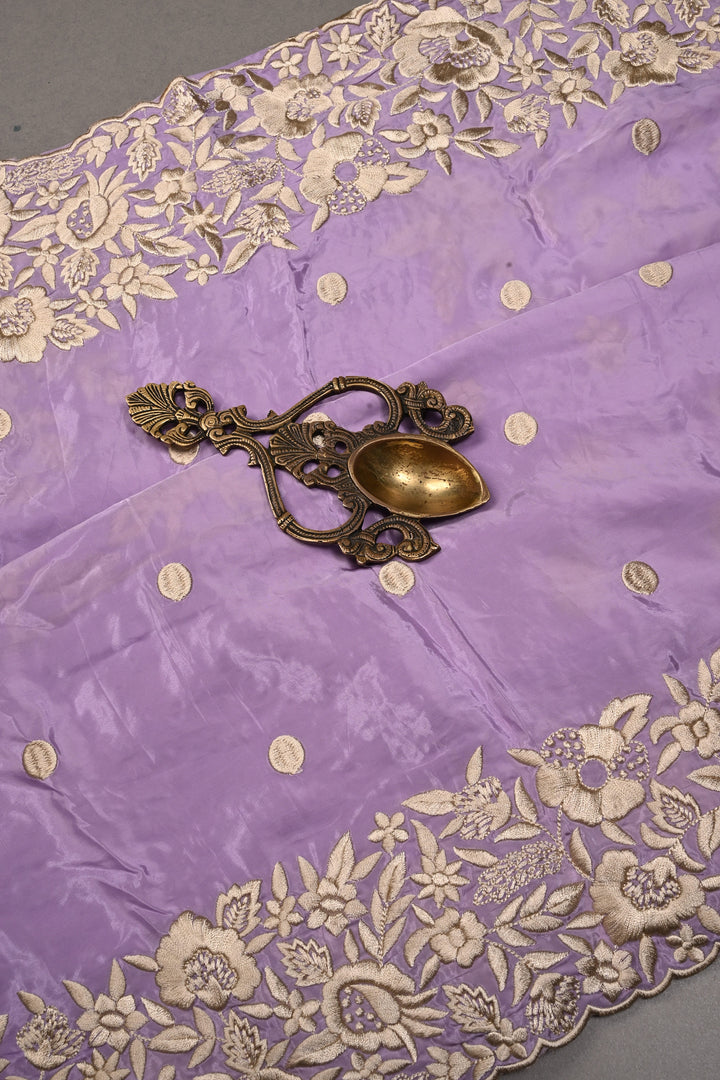 Dusty Lavender Machine Embroidered in Chinnon Saree with Floral Scallop Border | SHOBITAM
