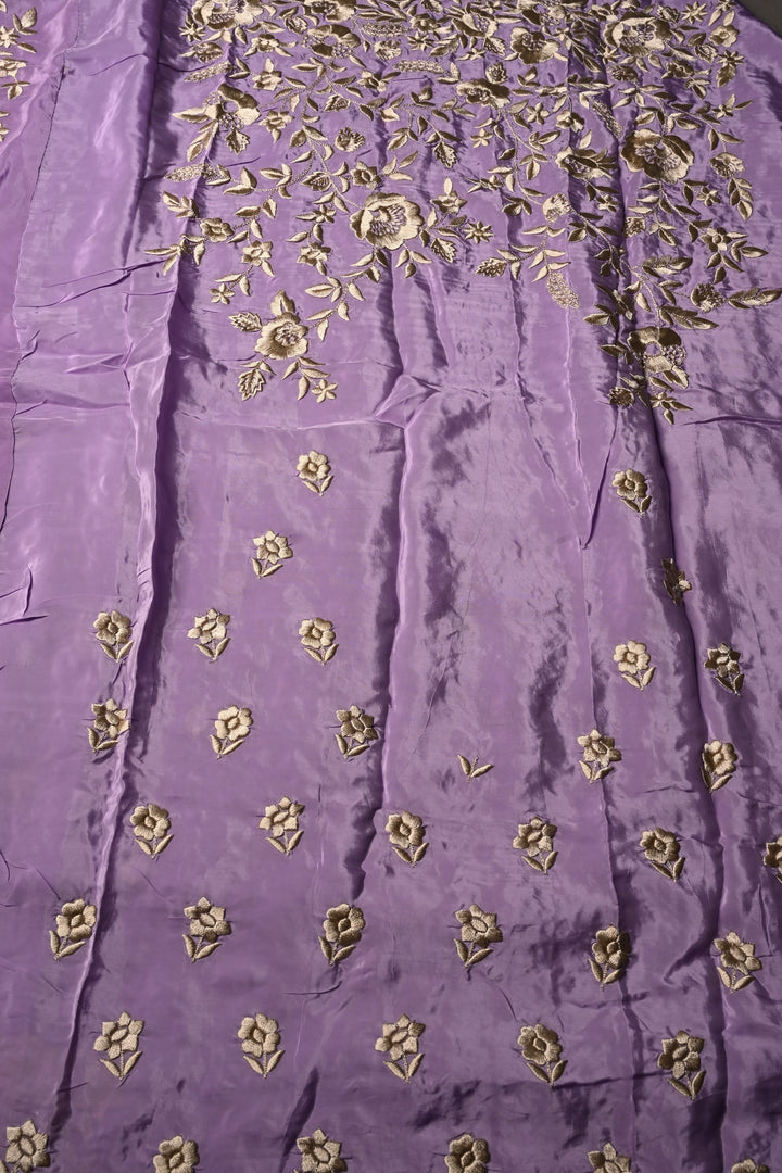 Dusty Lavender Machine Embroidered in Chinnon Saree with Floral Scallop Border | SHOBITAM
