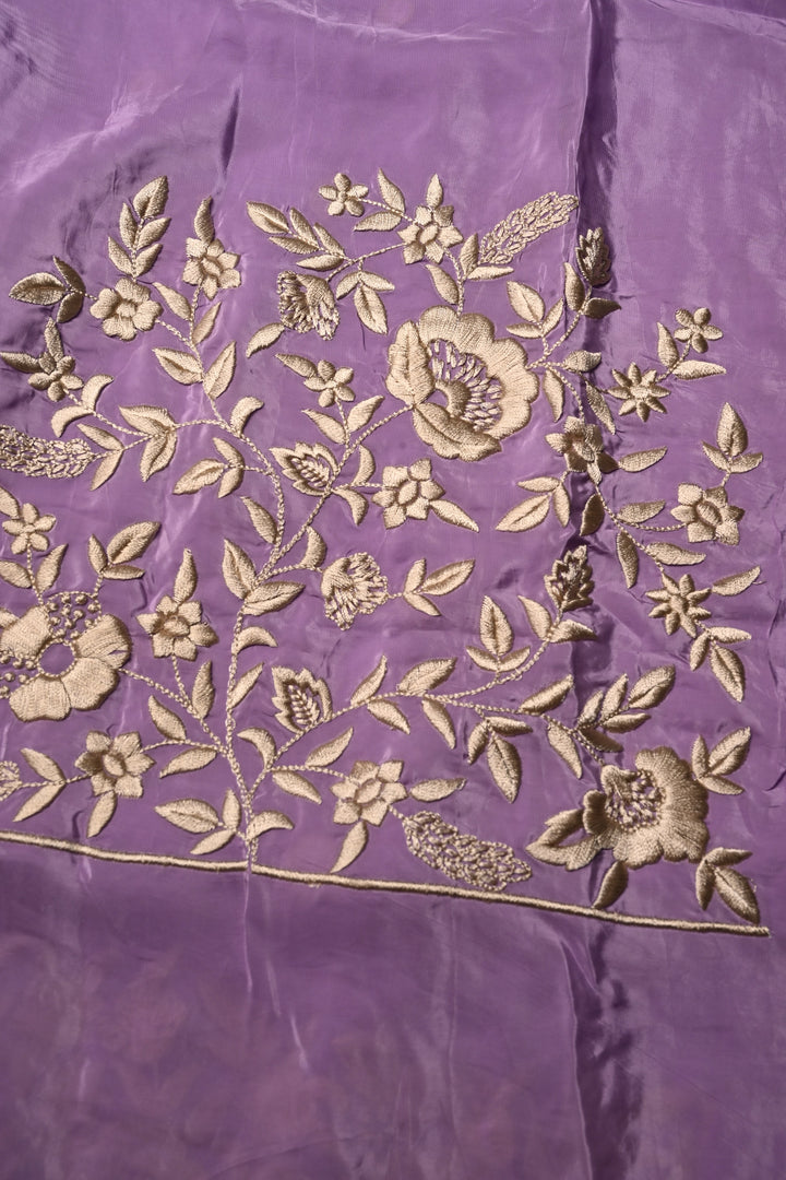 Dusty Lavender Machine Embroidered in Chinnon Saree with Floral Scallop Border | SHOBITAM
