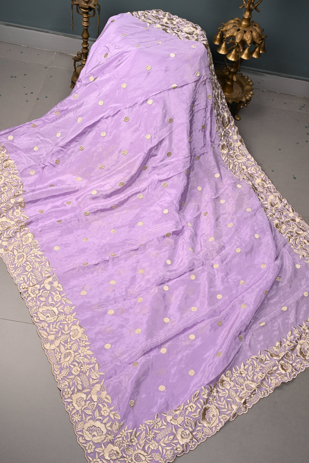 Dusty Lavender Machine Embroidered in Chinnon Saree with Floral Scallop Border | SHOBITAM