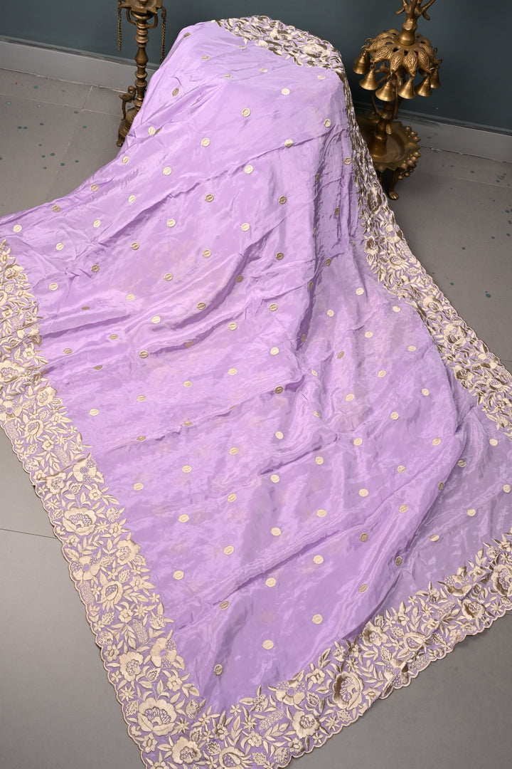 Dusty Lavender Machine Embroidered in Chinnon Saree with Floral Scallop Border | SHOBITAM