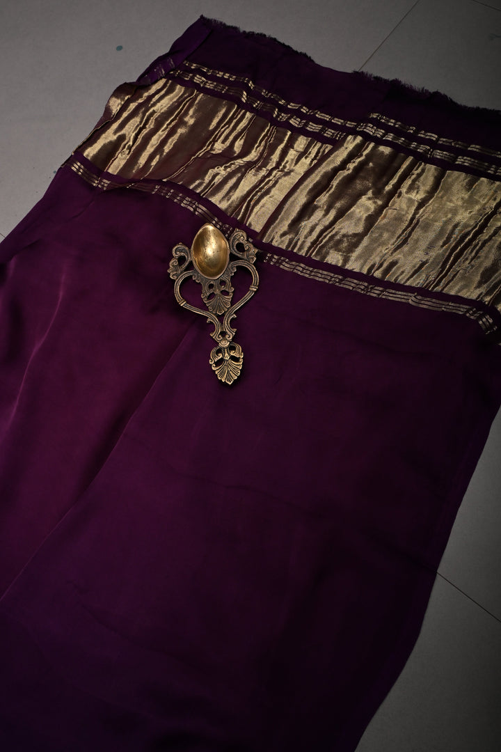 Aubergine Borderless Modal Silk Saree with Lagda Patta Crushed Tissue Pallu | SHOBITAM