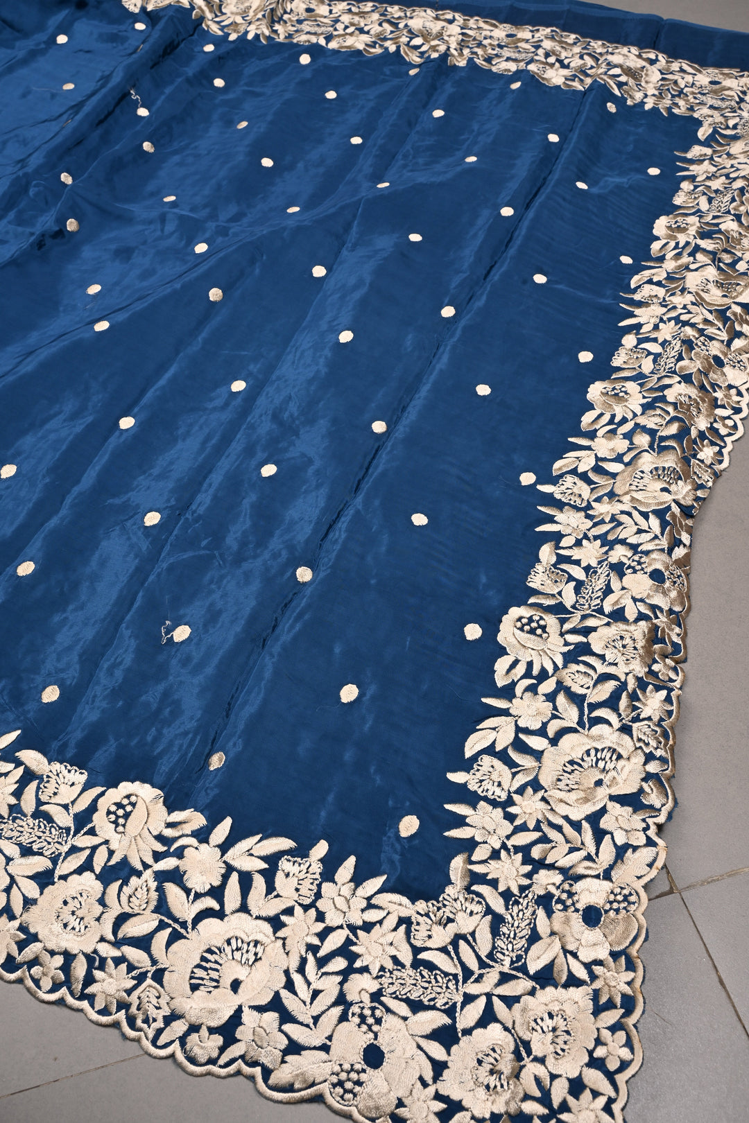 Prussian Blue Machine Embroidered in Chinnon Saree with Floral Scallop Border | SHOBITAM