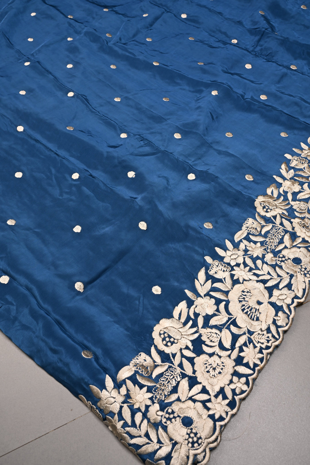 Prussian Blue Machine Embroidered in Chinnon Saree with Floral Scallop Border | SHOBITAM