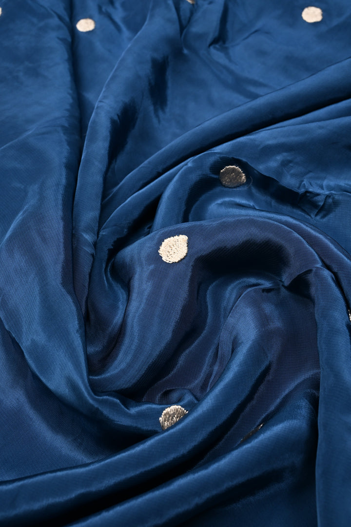 Prussian Blue Machine Embroidered in Chinnon Saree with Floral Scallop Border | SHOBITAM