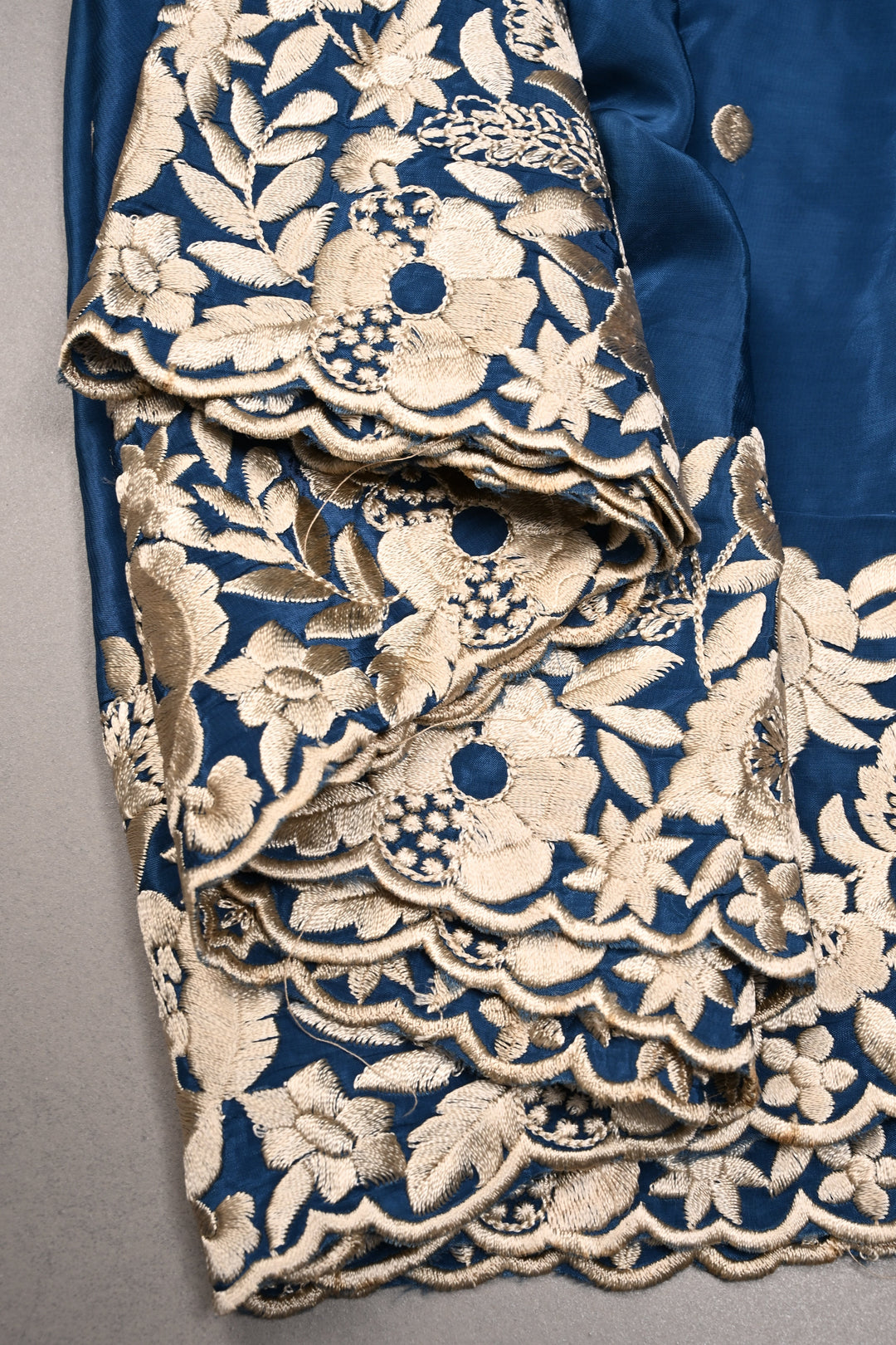 Prussian Blue Machine Embroidered in Chinnon Saree with Floral Scallop Border | SHOBITAM