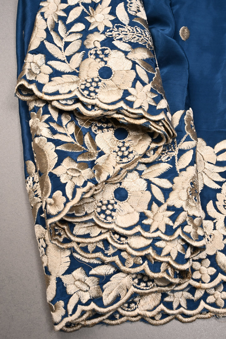 Prussian Blue Machine Embroidered in Chinnon Saree with Floral Scallop Border | SHOBITAM