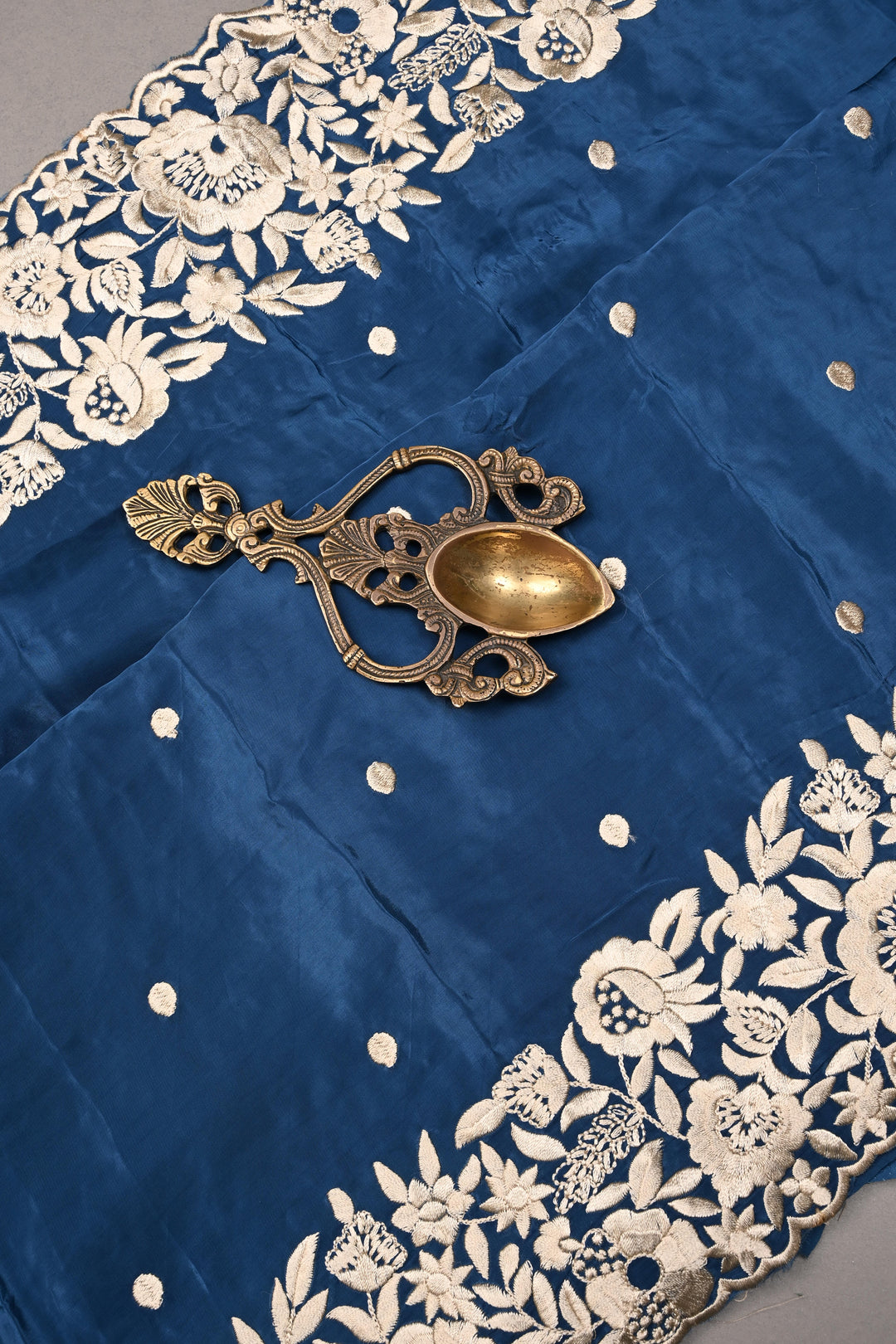 Prussian Blue Machine Embroidered in Chinnon Saree with Floral Scallop Border | SHOBITAM