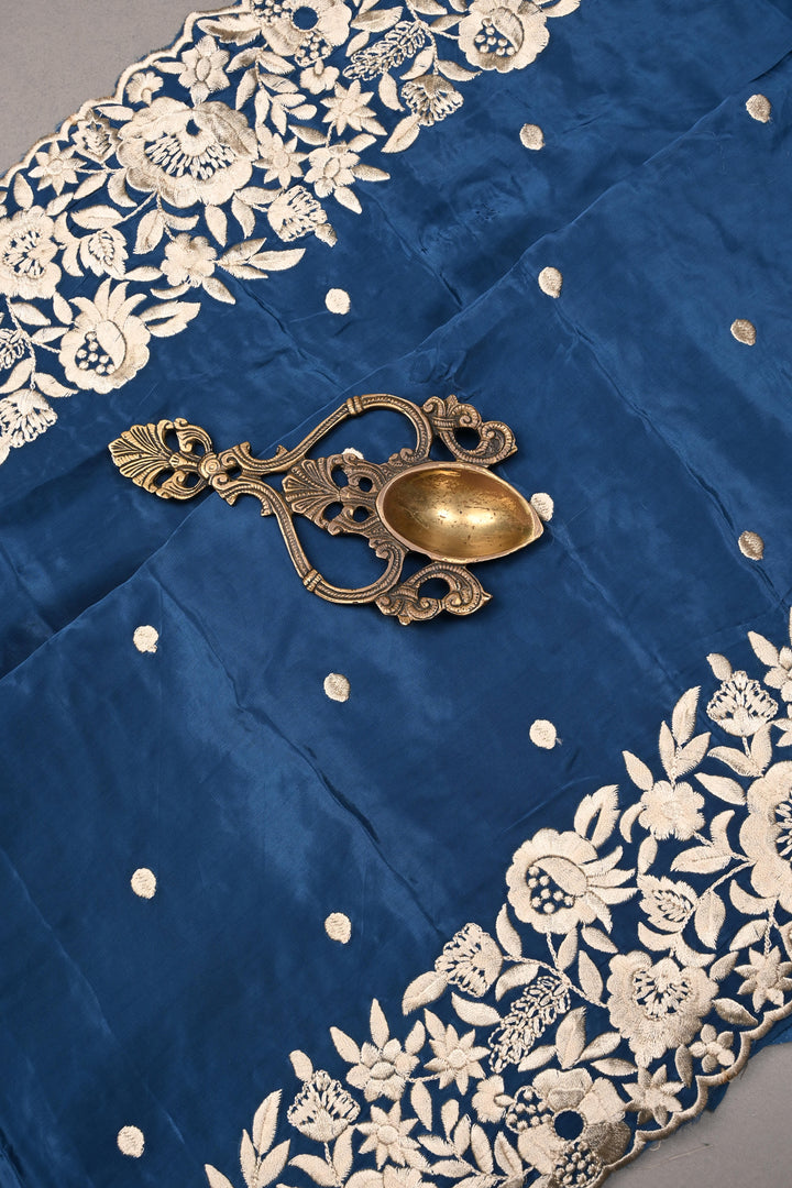 Prussian Blue Machine Embroidered in Chinnon Saree with Floral Scallop Border | SHOBITAM