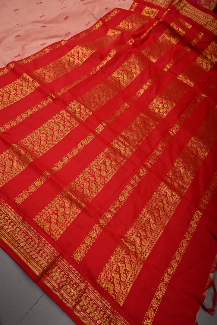 Peach-Pink Cotton Silk Saree with Thread Buttas and Contrast Zari Border | SHOBITAM