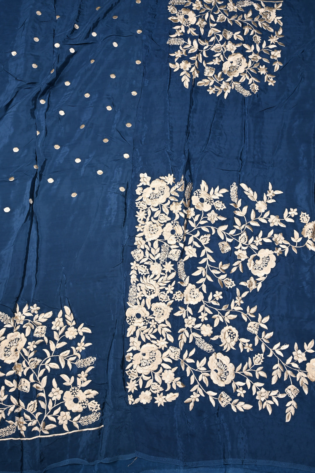 Prussian Blue Machine Embroidered in Chinnon Saree with Floral Scallop Border | SHOBITAM