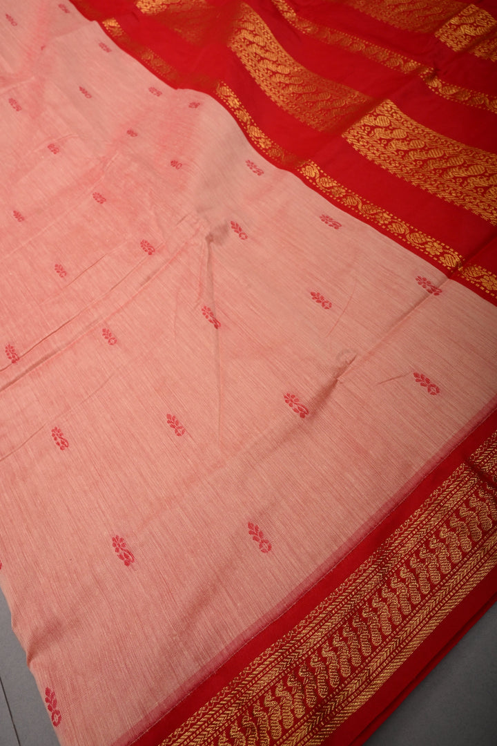 Peach-Pink Cotton Silk Saree with Thread Buttas and Contrast Zari Border | SHOBITAM