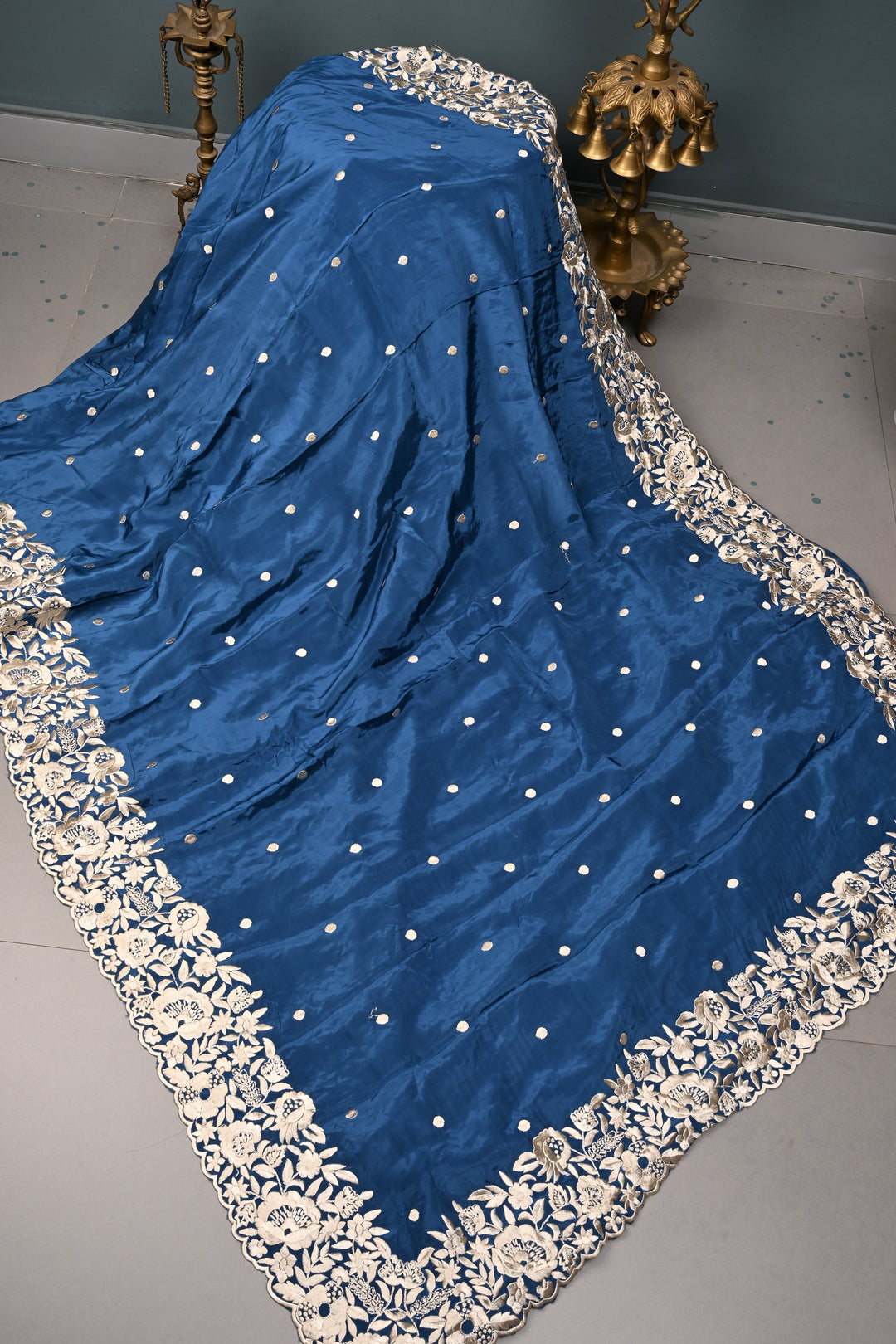 Prussian Blue Machine Embroidered in Chinnon Saree with Floral Scallop Border | SHOBITAM