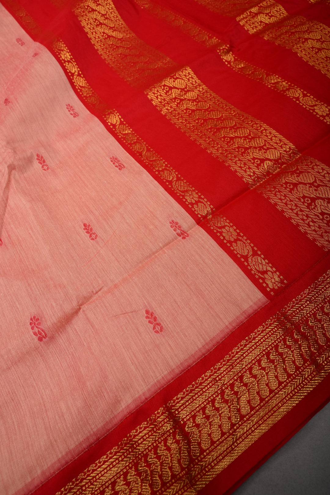 Peach-Pink Cotton Silk Saree with Thread Buttas and Contrast Zari Border | SHOBITAM
