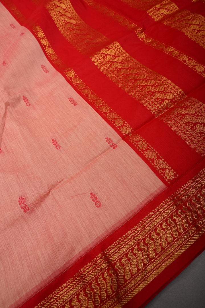 Peach-Pink Cotton Silk Saree with Thread Buttas and Contrast Zari Border | SHOBITAM