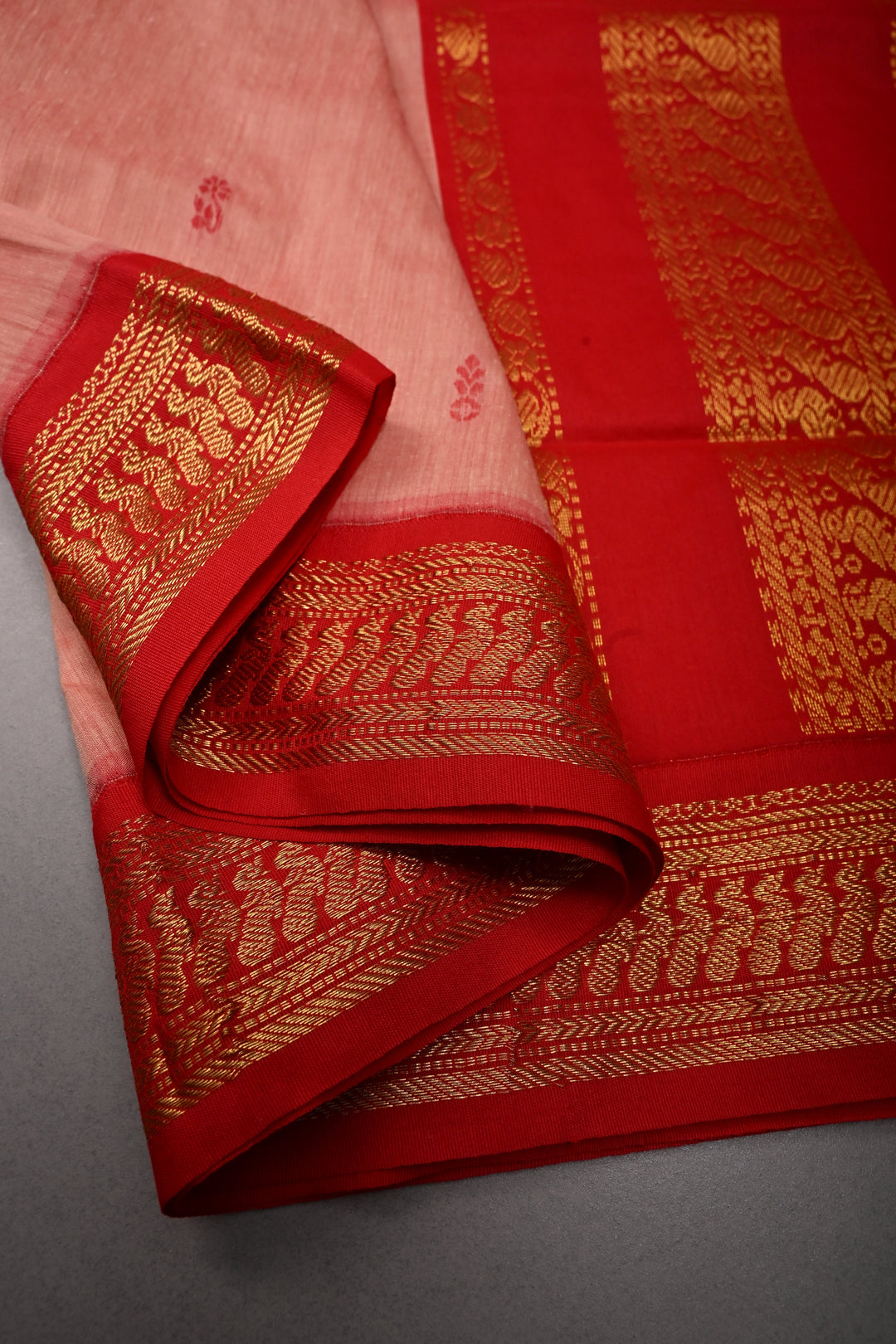 Peach-Pink Cotton Silk Saree with Thread Buttas and Contrast Zari Border | SHOBITAM