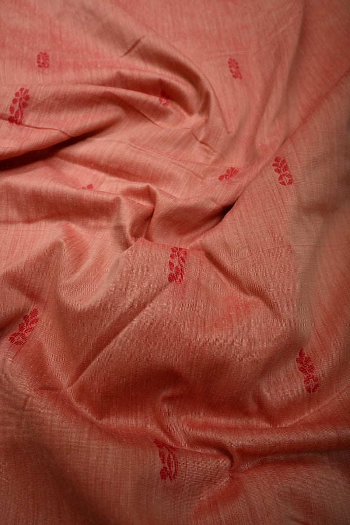 Peach-Pink Cotton Silk Saree with Thread Buttas and Contrast Zari Border | SHOBITAM