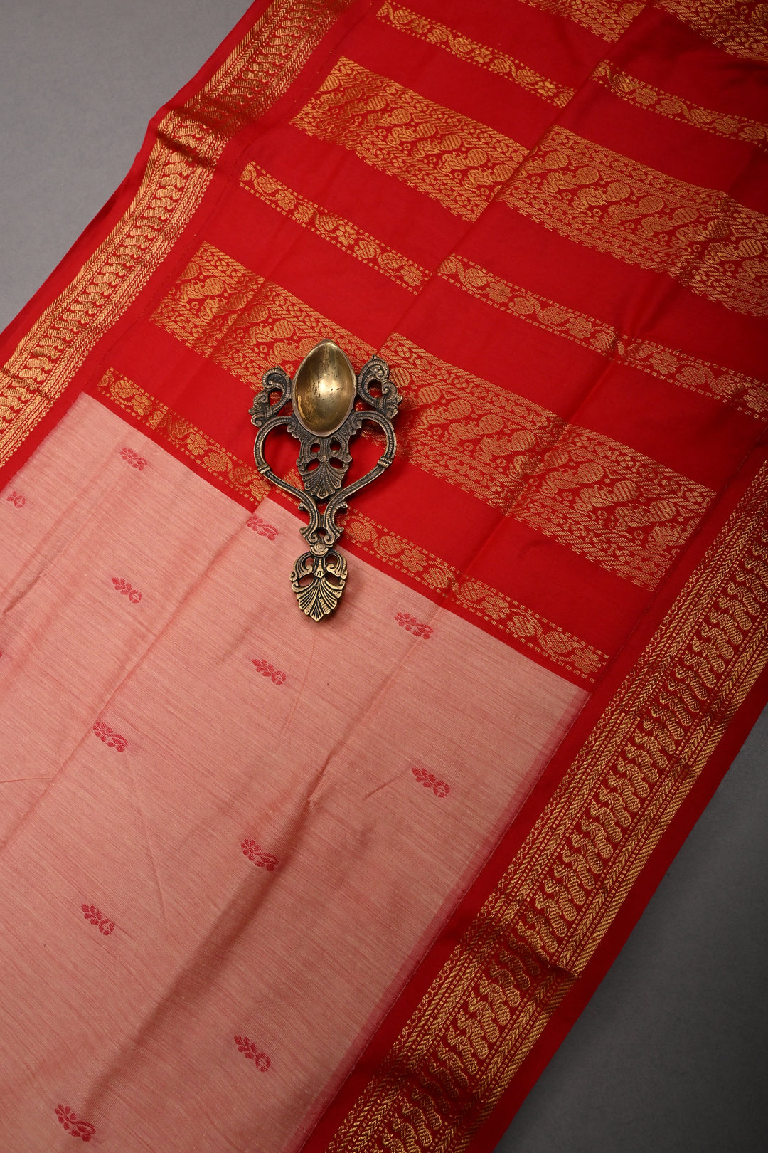 Peach-Pink Cotton Silk Saree with Thread Buttas and Contrast Zari Border | SHOBITAM