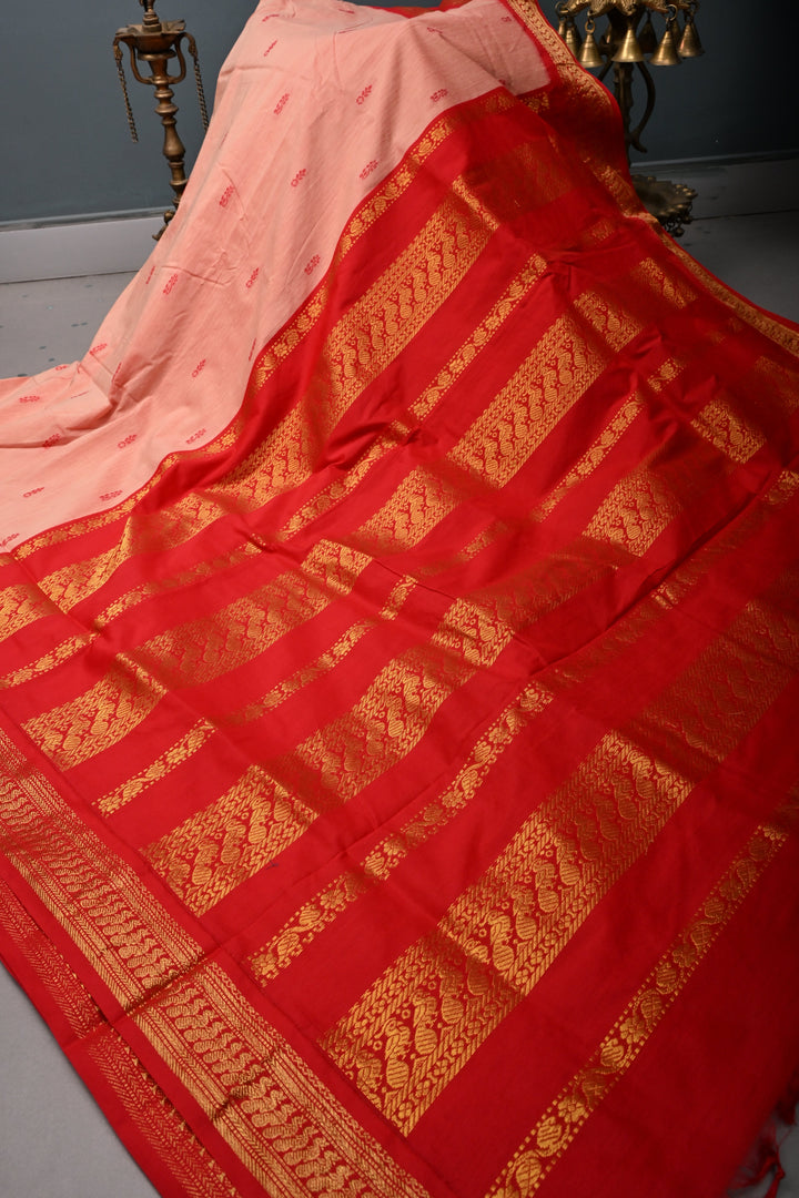 Peach-Pink Cotton Silk Saree with Thread Buttas and Contrast Zari Border | SHOBITAM