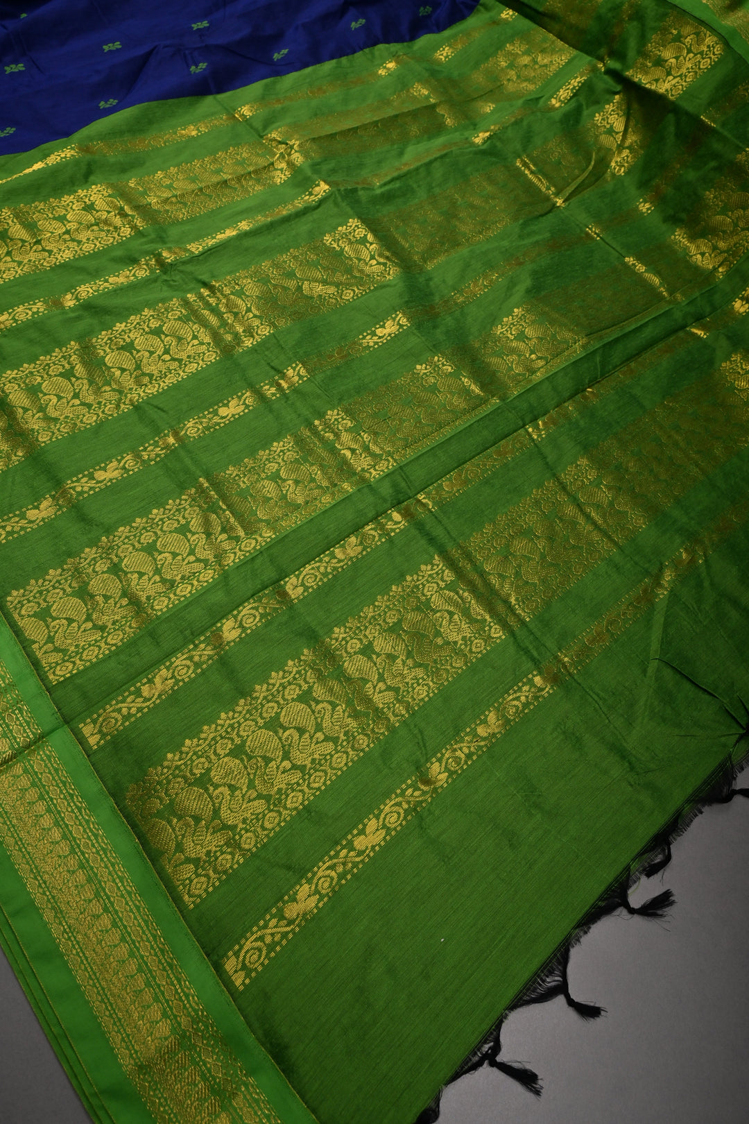 Ink Blue Cotton Silk Saree with Thread Buttas and Contrast Zari Border | SHOBITAM