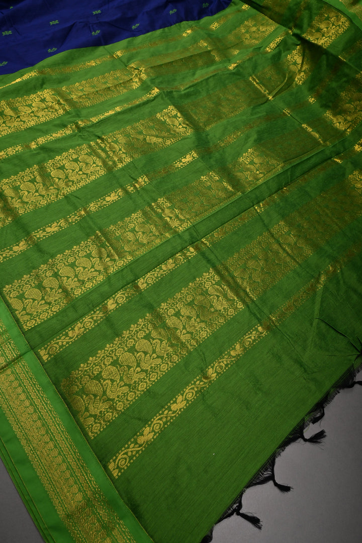 Ink Blue Cotton Silk Saree with Thread Buttas and Contrast Zari Border | SHOBITAM