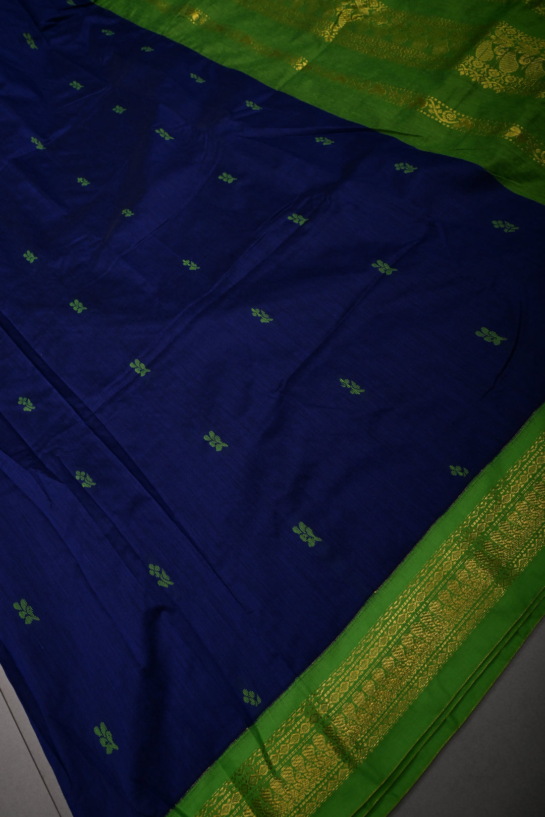 Ink Blue Cotton Silk Saree with Thread Buttas and Contrast Zari Border | SHOBITAM
