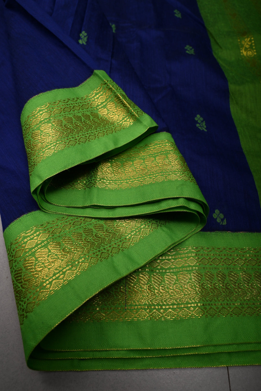 Ink Blue Cotton Silk Saree with Thread Buttas and Contrast Zari Border | SHOBITAM