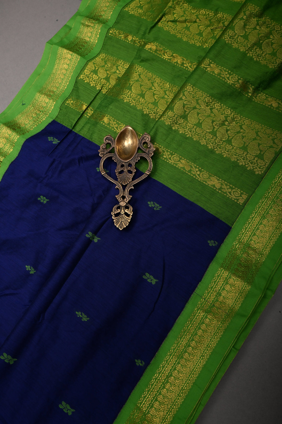 Ink Blue Cotton Silk Saree with Thread Buttas and Contrast Zari Border | SHOBITAM