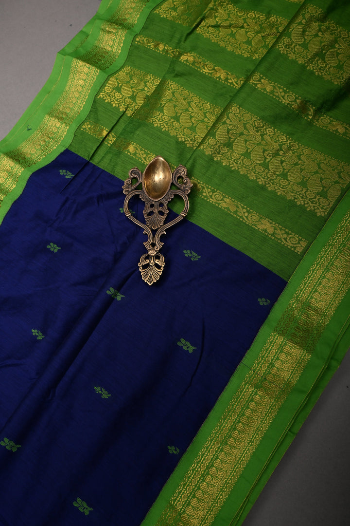 Ink Blue Cotton Silk Saree with Thread Buttas and Contrast Zari Border | SHOBITAM