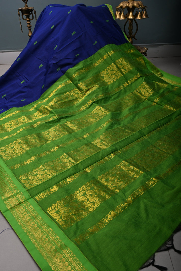 Ink Blue Cotton Silk Saree with Thread Buttas and Contrast Zari Border | SHOBITAM