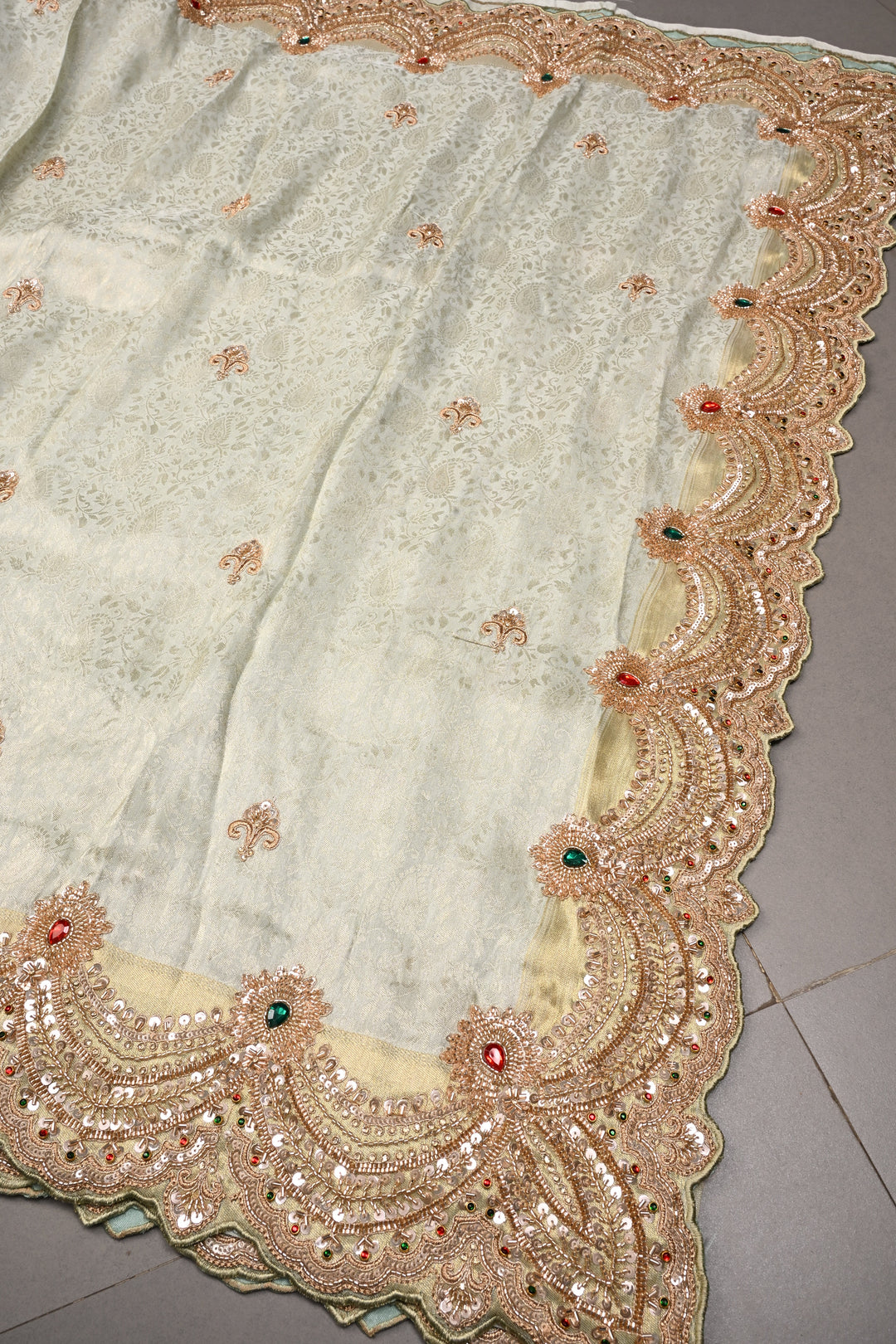 Exquisite Dusty Sage Green Tissue Viscose Brocade Saree with Zardosi Buttas and Heavy Embroidery Work on Scallop Border | SHOBITAM