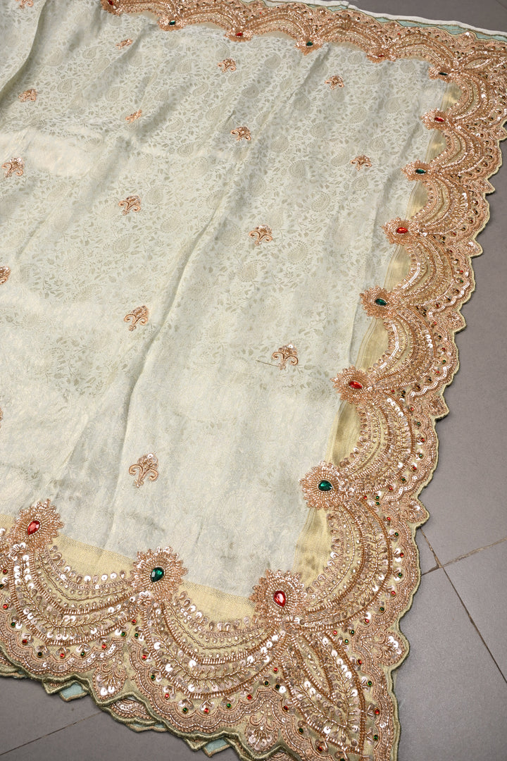 Exquisite Dusty Sage Green Tissue Viscose Brocade Saree with Zardosi Buttas and Heavy Embroidery Work on Scallop Border | SHOBITAM
