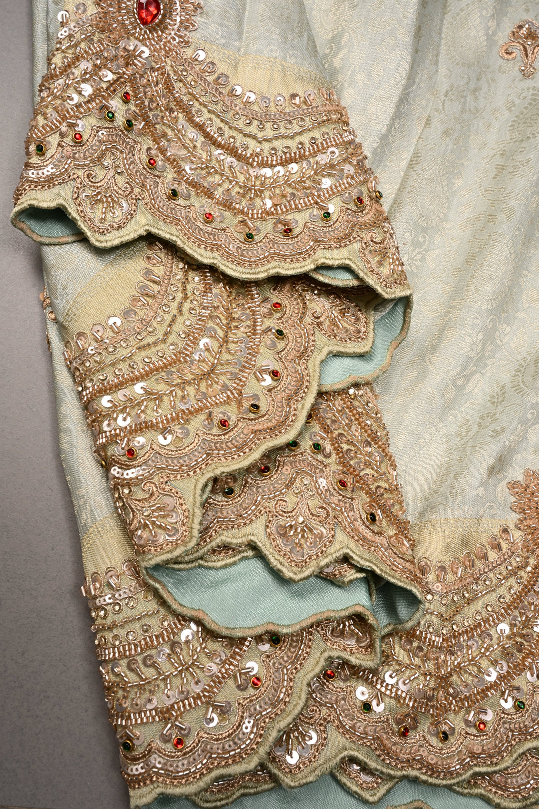 Exquisite Dusty Sage Green Tissue Viscose Brocade Saree with Zardosi Buttas and Heavy Embroidery Work on Scallop Border | SHOBITAM