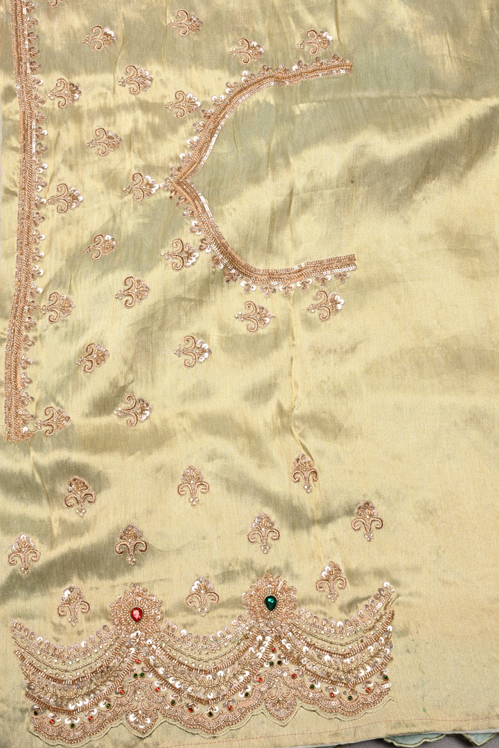 Exquisite Dusty Sage Green Tissue Viscose Brocade Saree with Zardosi Buttas and Heavy Embroidery Work on Scallop Border | SHOBITAM