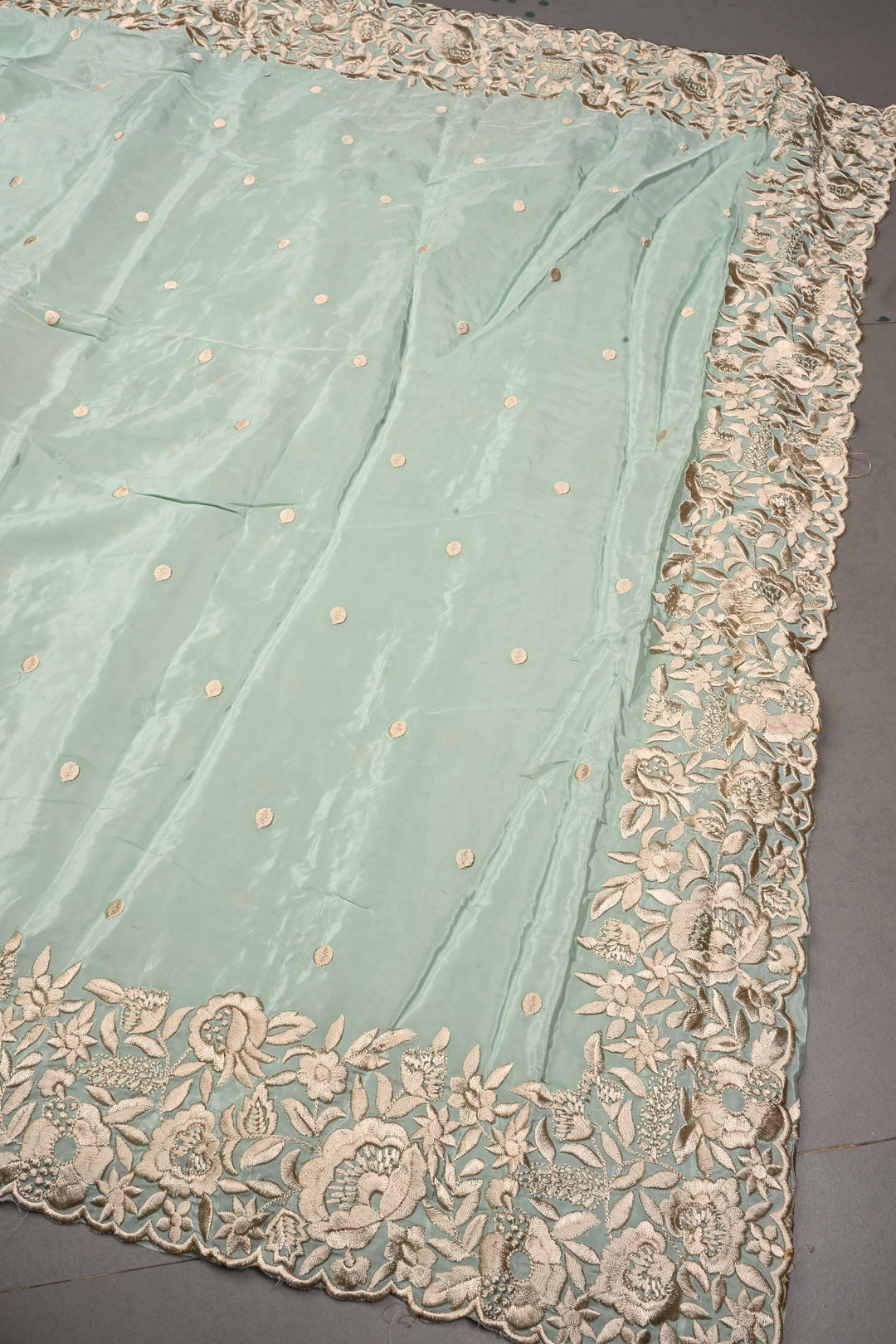 Frost Mint Machine Embroidered in Chinnon Saree with Floral Scallop Border | SHOBITAM
