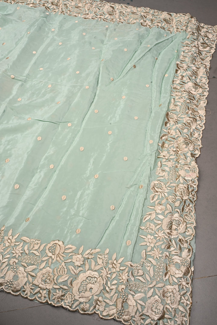 Frost Mint Machine Embroidered in Chinnon Saree with Floral Scallop Border | SHOBITAM