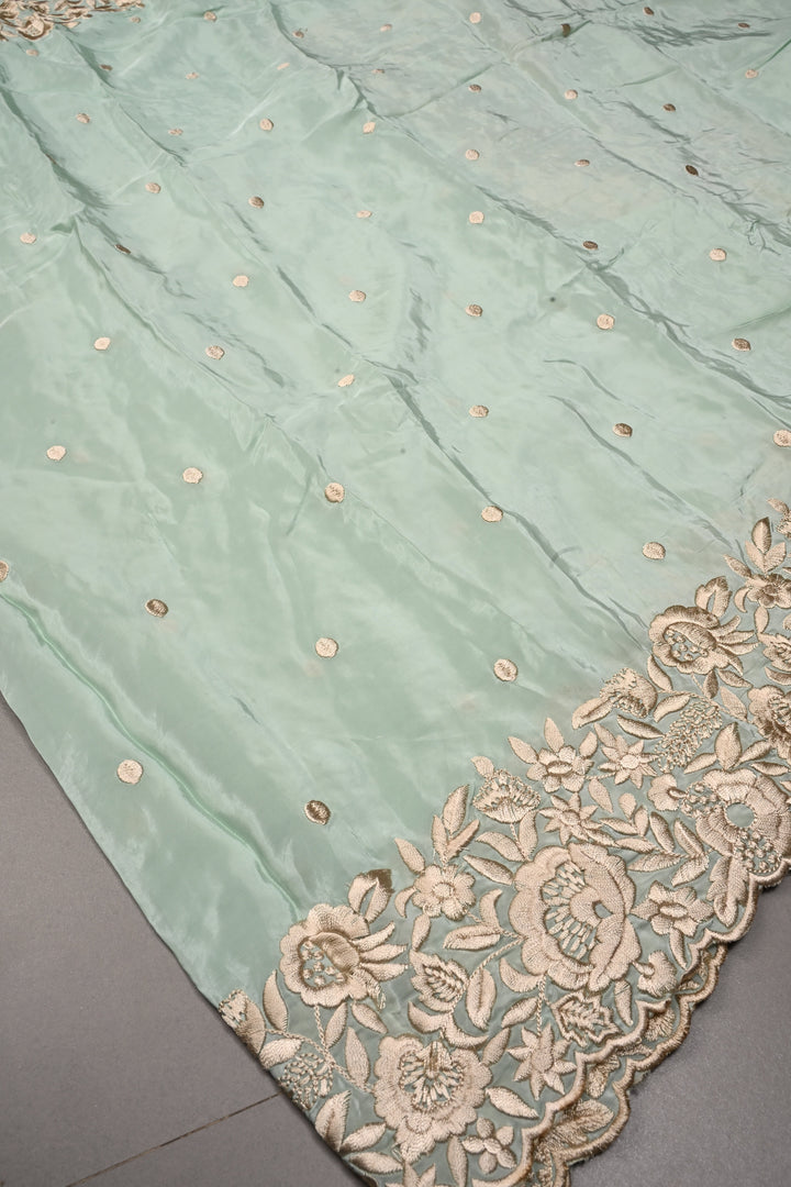 Frost Mint Machine Embroidered in Chinnon Saree with Floral Scallop Border | SHOBITAM
