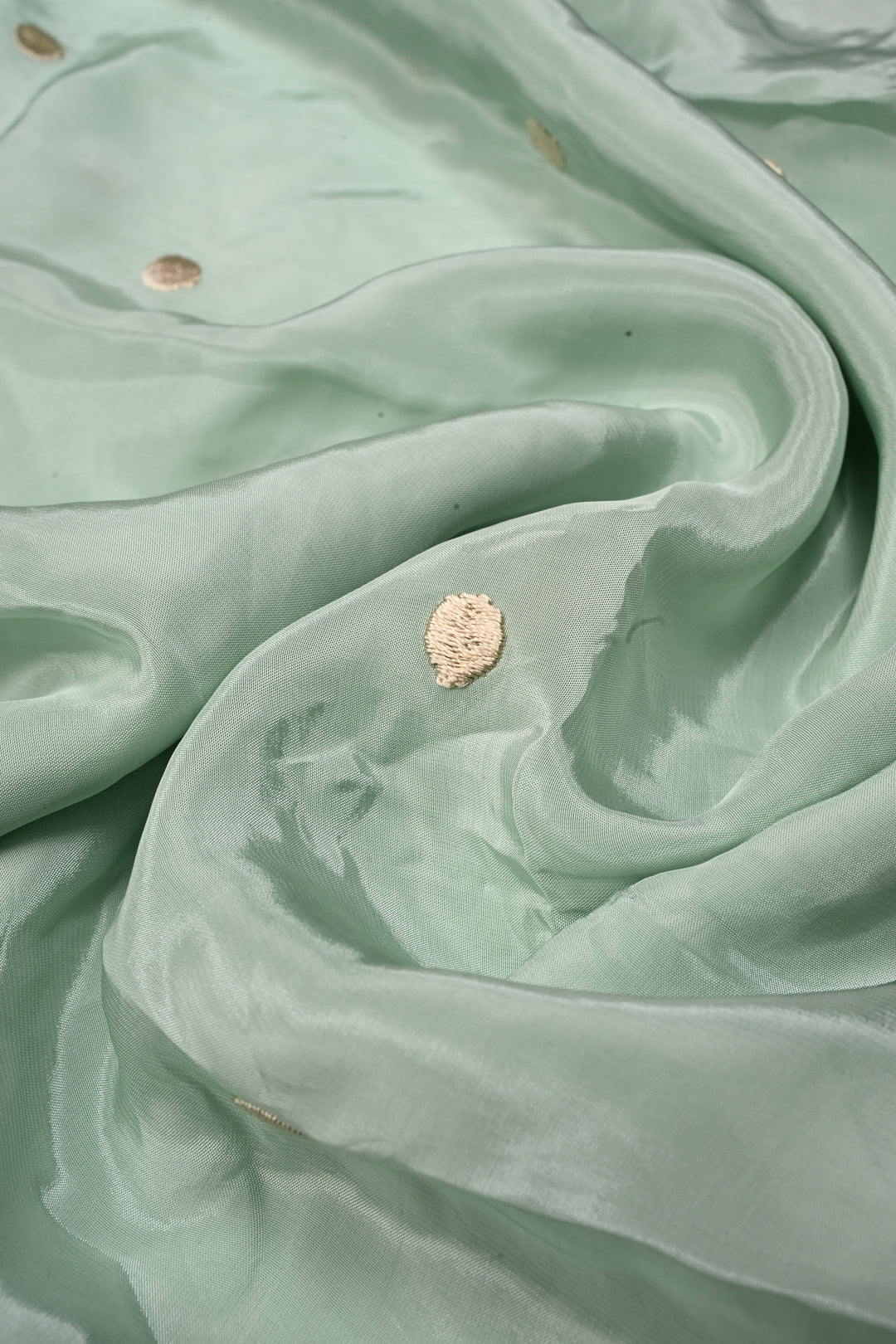 Frost Mint Machine Embroidered in Chinnon Saree with Floral Scallop Border | SHOBITAM