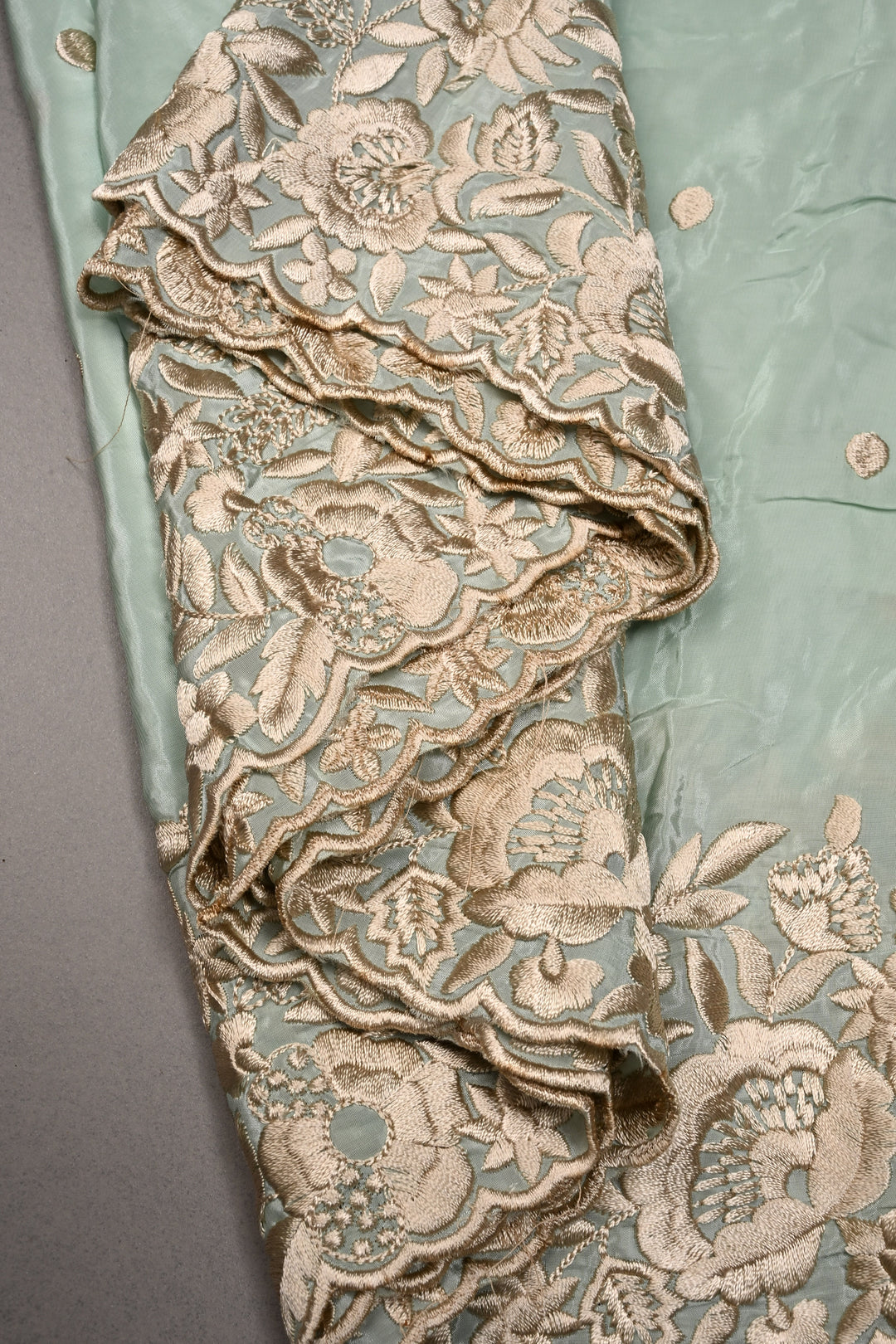 Frost Mint Machine Embroidered in Chinnon Saree with Floral Scallop Border | SHOBITAM