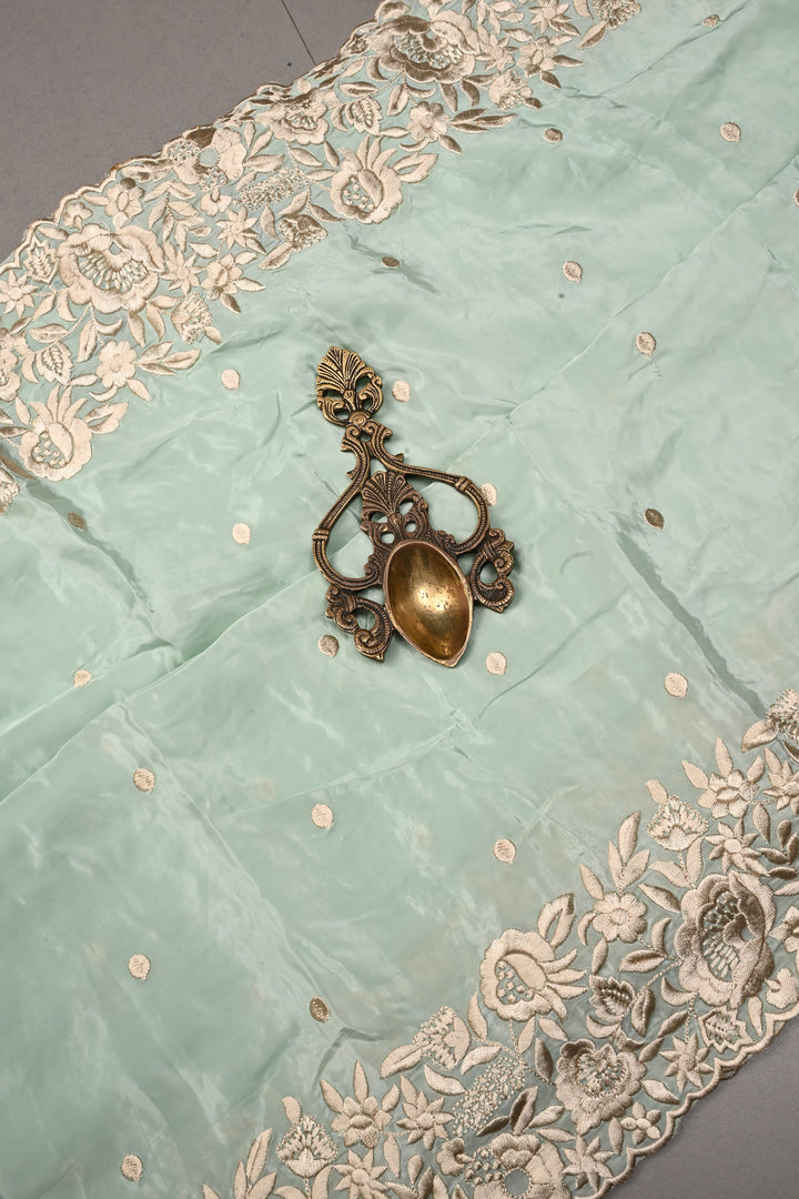 Frost Mint Machine Embroidered in Chinnon Saree with Floral Scallop Border | SHOBITAM